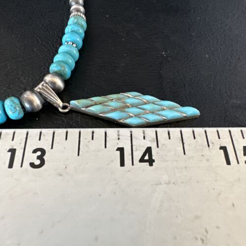 Navajo Blue Turquoise Inlay Pendant | Sterling Silver Necklace | Authentic Native American Handmade | 15421