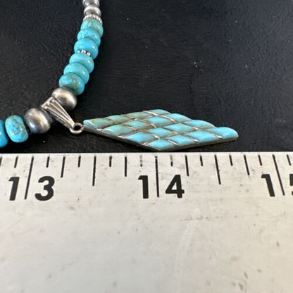 Navajo Blue Turquoise Inlay Pendant | Sterling Silver Necklace | Authentic Native American Handmade | 15421