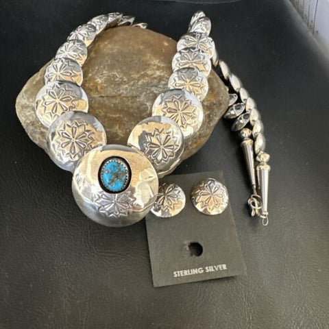 Native Navajo Sterling Silver Turquoise Pillow Stamped Bead Necklace 15130