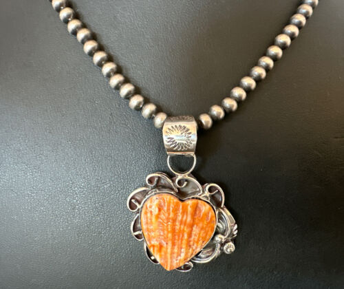 Navajo Orange Spiny Oyster Heart Pendant Necklace | Sterling Silver | Authentic Native American Handmade | 16420