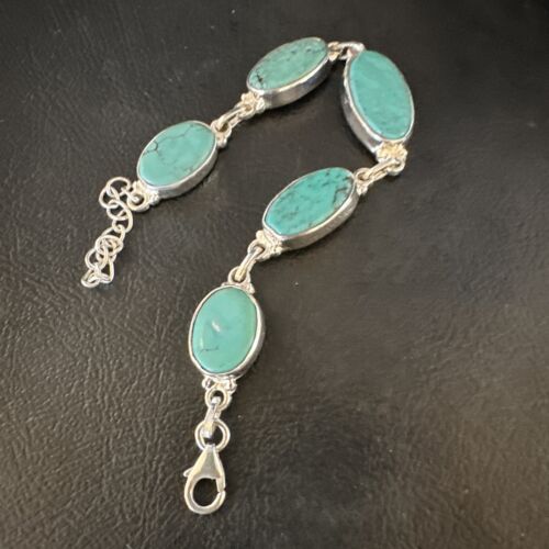 Navajo Blue Turquoise Link Bracelet | Sterling Silver | 8" | Authentic Native American Handmade | 15469