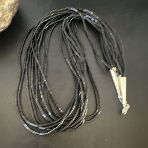 Black Onyx Heishi Tube Necklace | 10 Strand | 24" | Sterling Silver | 16067