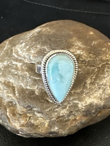 Navajo Blue Larimar Ring | Sterling Silver | Sz 9 | Authentic Native American Handmade | 17591 - Masha USA