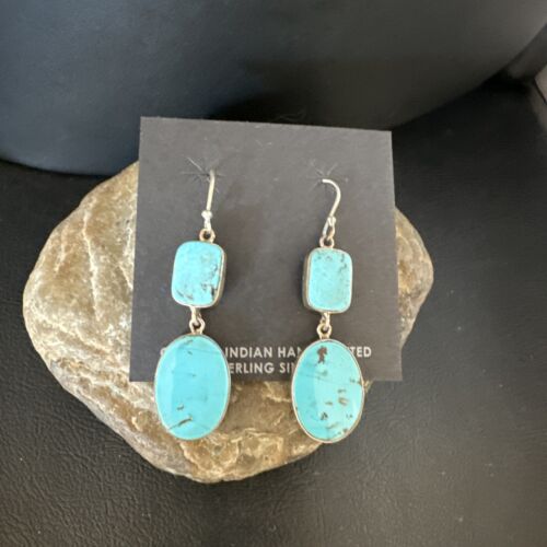 Navajo Blue Kingman Turquoise Dangle Earrings | Sterling Silver | Authentic Native American Handmade | 15117