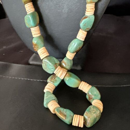 Santo Domingo Green Nugget Turquoise Necklace | Sterling Silver | 30" | Authentic Native American Handmade | 15291 - Masha USA