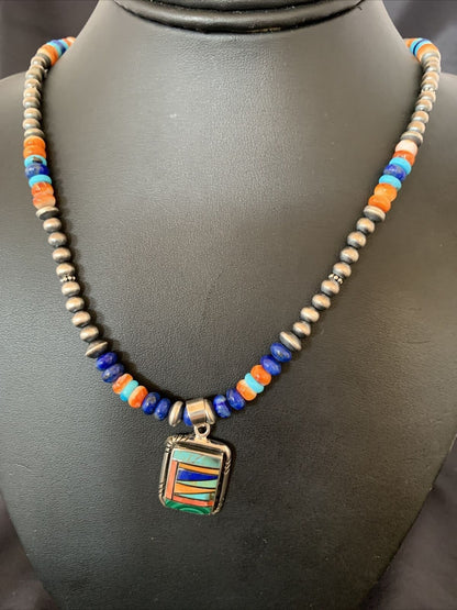 Navajo Native American Multicolor Turquoise Spiny Inlay Pendant Necklace | Sterling Silver | 10335