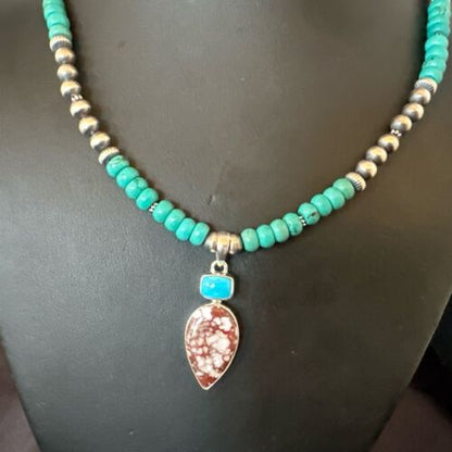 Navajo Wild Horse | Blue Kingman Turquoise Pendant Necklace | Sterling Silver | Native American Handmade | 17578