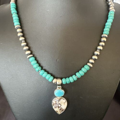 Navajo Wild Horse Blue Kingman Turquoise Necklace | Sterling Silver | Authentic Native American Handmade | 17525