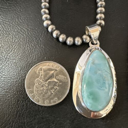 Navajo Blue Larimar Pendant Necklace | Sterling Silver Beads | Authentic Native American Handmade | 16485