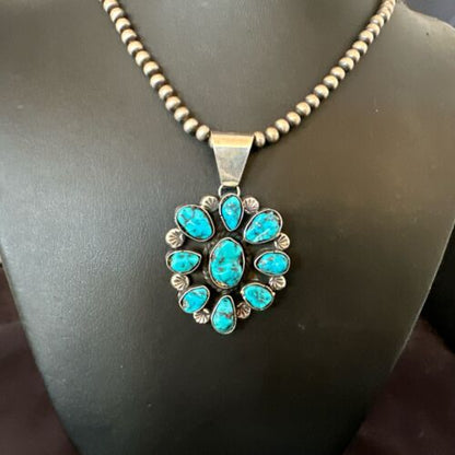 Navajo Blue Kingman Turquoise Cluster Pendant | Sterling Silver | 2" | Authentic Native American Handmade | 17418