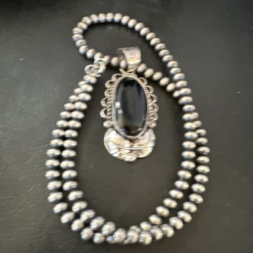 Men's Navajo Pearls Black Onyx Necklace Pendant | Sterling Silver | Authentic Native American Handmade | 16534 - Masha USA