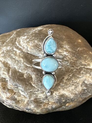 Navajo Women's Cluster Blue Larimar Multi-Stone Ring | Authentic Native American Sterling Silver | Sz 8.5 | 16164