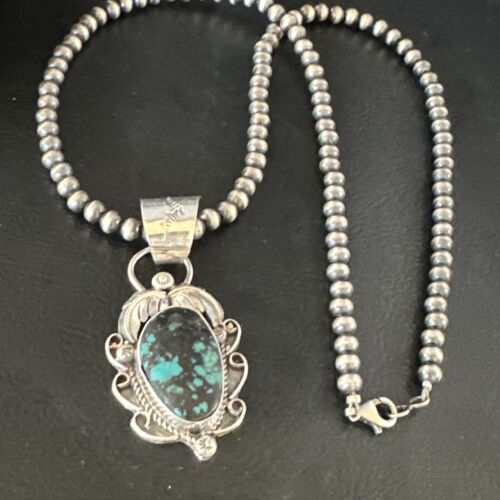 Navajo Blue Spiderweb Turquoise Pendant Necklace | Sterling Silver | Native American Handmade | 15096