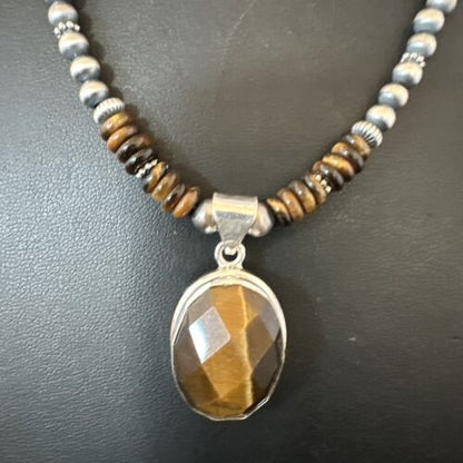 Southwestern Coffee Brown Tiger's Eye Pendant Necklace | Sterling Silver | 16" | 16368