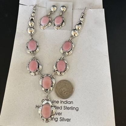 Navajo Pink Conch Choker Necklace | Sterling Silver Pendant 18" | Earrings Set | Authentic Native American Handmade