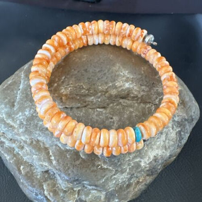 Navajo Orange Spiny Oyster Blue Turquoise Bracelet | 6mm Memory Wire Steel | Authentic Native American Handmade | 17621