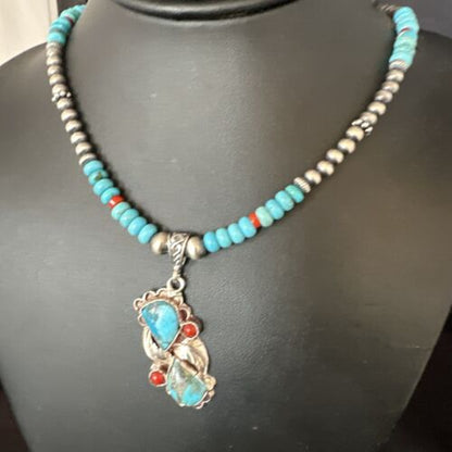 Navajo Blue Turquoise | Coral Pendant Necklace | Sterling Silver | Multi-Stone | 15256