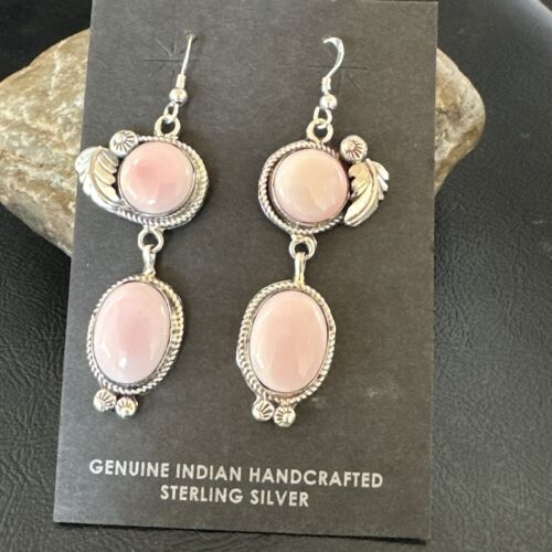 Navajo Pink Conch Shell Dangle Earrings | Sterling Silver | Authentic Native American Handmade | 17191