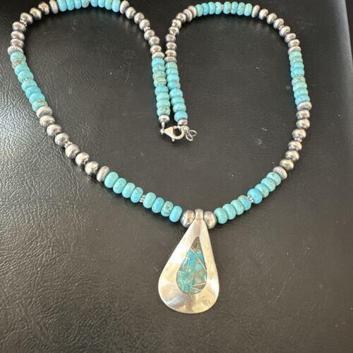 Navajo Blue Spiderweb Turquoise Inlay Pendant Necklace | Sterling Silver | Authentic Native American Handmade | 17120