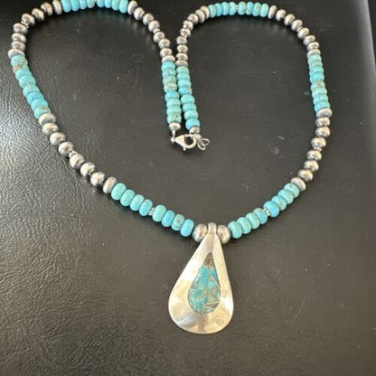 Navajo Blue Spiderweb Turquoise Inlay Pendant Necklace | Sterling Silver | Authentic Native American Handmade | 17120
