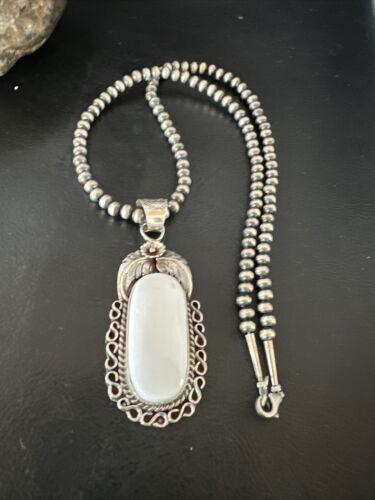 Navajo Pearls White Buffalo Turquoise Necklace Pendant | Sterling Silver | Authentic Native American Handmade | 15707