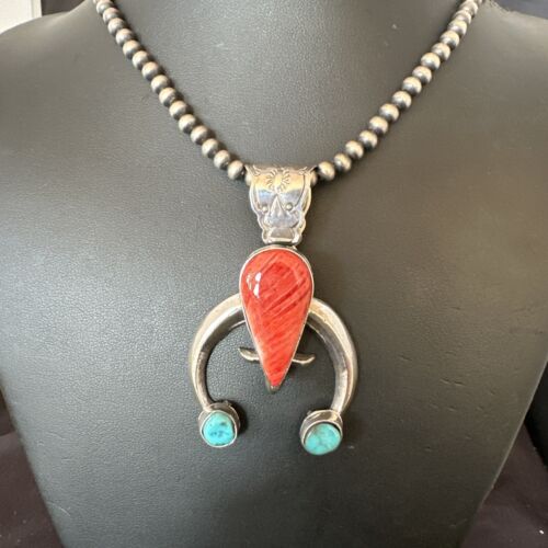 Navajo Blue Turquoise Red Spiny Oyster Naja Pendant | Sterling Silver | Authentic Native American Handmade | 16409