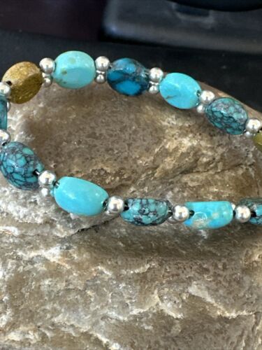 Women's Blue Turquoise Bead Bracelet | Southwestern Sterling Silver Link | 8" | 17236