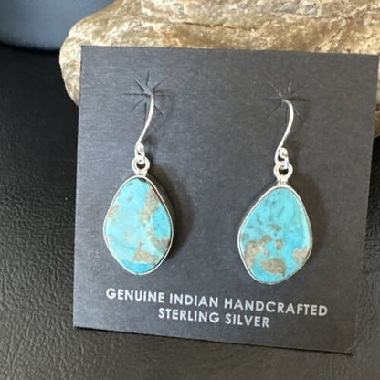 Navajo Blue Turquoise Dangle Earrings | Sterling Silver | 1" | Authentic Native American Handmade | 15806 - Masha USA