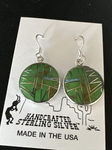 Southwestern Sterling Silver Green Gaspeite Inlay Earrings | 1" | Navajo | 14935