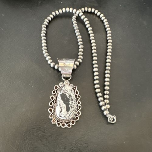 Men's White Buffalo Turquoise Pendant | Navajo Pearl Sterling Silver Necklace | Authentic Native American | 17038