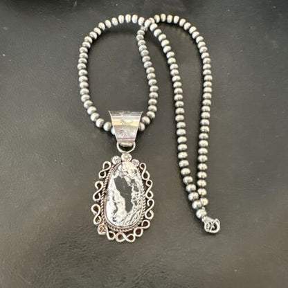 Men's White Buffalo Turquoise Pendant | Navajo Pearl Sterling Silver Necklace | Authentic Native American | 17038