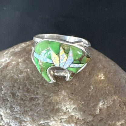 Navajo Bear Inlay Ring | Opal Green Turquoise | Sz 7.5 | Authentic Native American Handmade | 15395