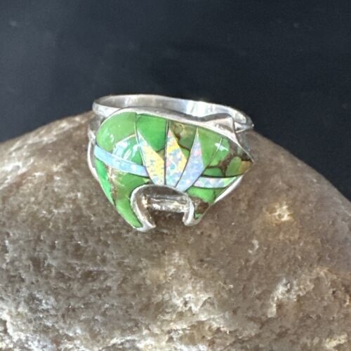 Navajo Bear Inlay Ring | Opal Green Turquoise | Sz 7.5 | Authentic Native American Handmade | 15395