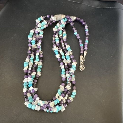 Purple Amethyst Blue Turquoise Necklace | Sterling Silver | Authentic Native American Handmade | 17506
