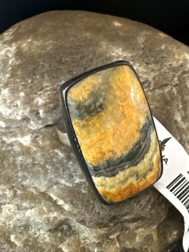Navajo Yellow BumbleBee Jasper Adjustable Ring | Sterling Silver | Sz 8 | Authentic Native American Handmade | 14021
