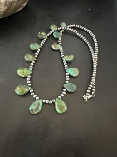 Navajo Pearls Green Teardrop Turquoise Necklace | Sterling Silver | 22" | Authentic Native American Handmade | 16957