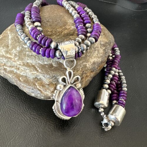 Navajo Sugilite 3-Strand Bead Necklace Set | Sterling Silver | 21" | Authentic Native American Handmade | 02927