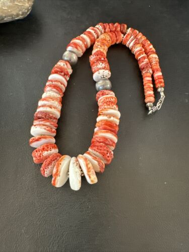 Navajo Red Spiny Oyster Graduated Necklace | Sterling Silver | Authentic Native American | 30" | 17405