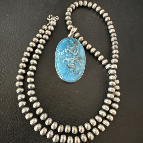 Navajo Blue Spiderweb Turquoise Pendant Necklace | Sterling Silver | Authentic Native American Handmade | 17015