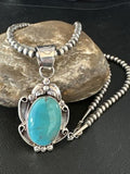 Navajo Pearls Blue Turquoise Necklace Pendant | Sterling Silver | Authentic Native American Handmade | 14878