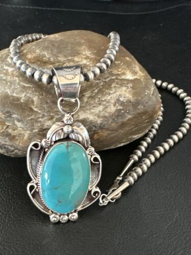 Navajo Pearls Blue Turquoise Necklace Pendant | Sterling Silver | Authentic Native American Handmade | 14878