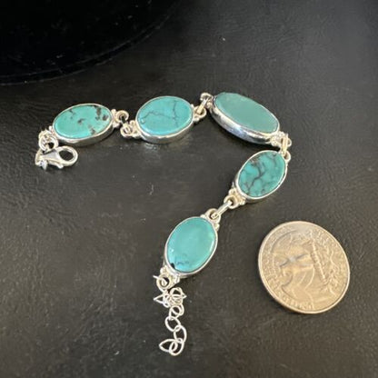 Navajo Blue Turquoise Link Bracelet | Sterling Silver | 8" | Authentic Native American Handmade | 15471