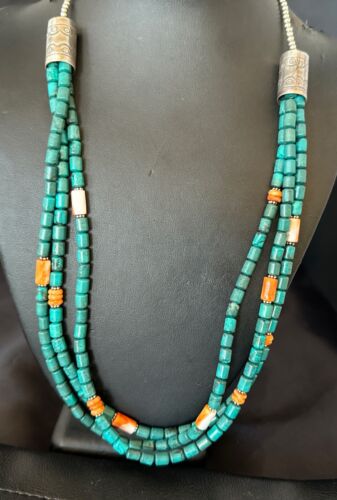 Navajo Blue Turquoise Spiny Oyster Necklace | Sterling Silver | Authentic Native American Handmade | 17535