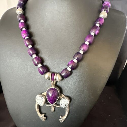 Navajo Purple Sugilite White Buffalo Naja Pendant | Sterling Silver | Authentic Native American Handmade | 15024