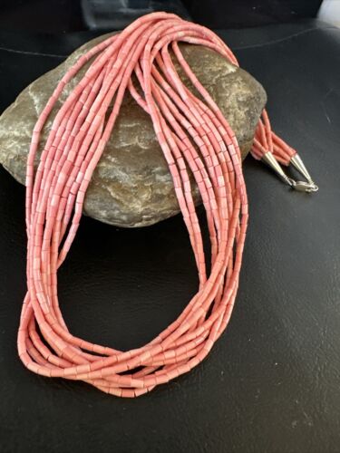 Pink Conch Tube Heishi Bead Necklace | 10 Strand Navajo Sterling Silver | 19" | 15086
