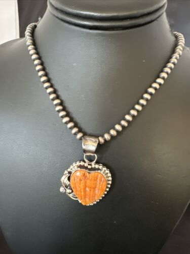Navajo Orange Spiny Oyster Heart Pendant Necklace | Sterling Silver | Authentic Native American Handmade | 16416