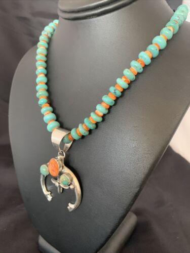 Navajo Pearls Necklace with Blue Turquoise & Spiny Oyster Naja Pendant | Sterling Silver | 10261