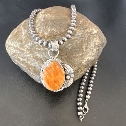 Navajo Orange Spiny Oyster Pendant Necklace | Sterling Silver Pearls | Authentic Native American Handmade | 16557