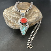 Navajo Blue Turquoise Red Spiny Oyster Pendant Necklace | Sterling Silver | Multi-Stone | 16290