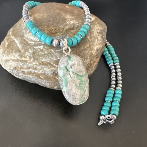 Navajo Teal Blue Turquoise Pendant Necklace | Sterling Silver | Authentic Native American Handmade | 16339